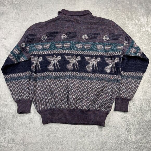 Vintage 90s Wool Mohair Blend Aztec Henley Sweater AOP Purple Italy Retro - Picture 5 of 9